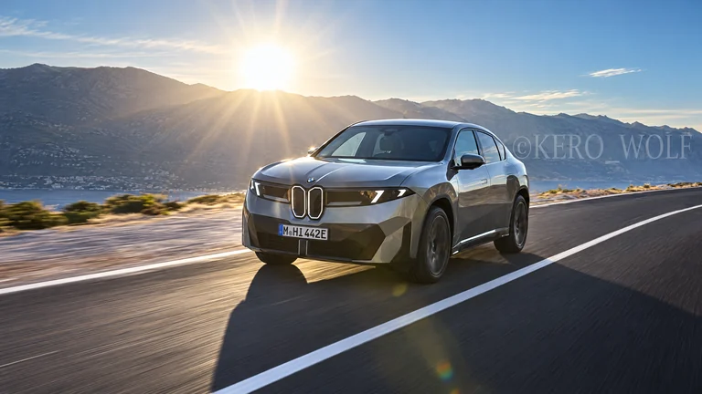 BMW iX4 — предварительный рендер электрического кросс-купе на дороге